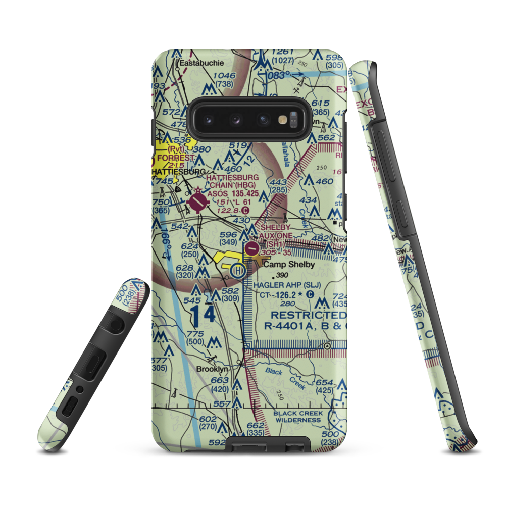 Shelby Auxiliary Field One Airport (SH1) VFR Sectional Samsung Phone Case Samsung Galaxy S10 Plus model shown