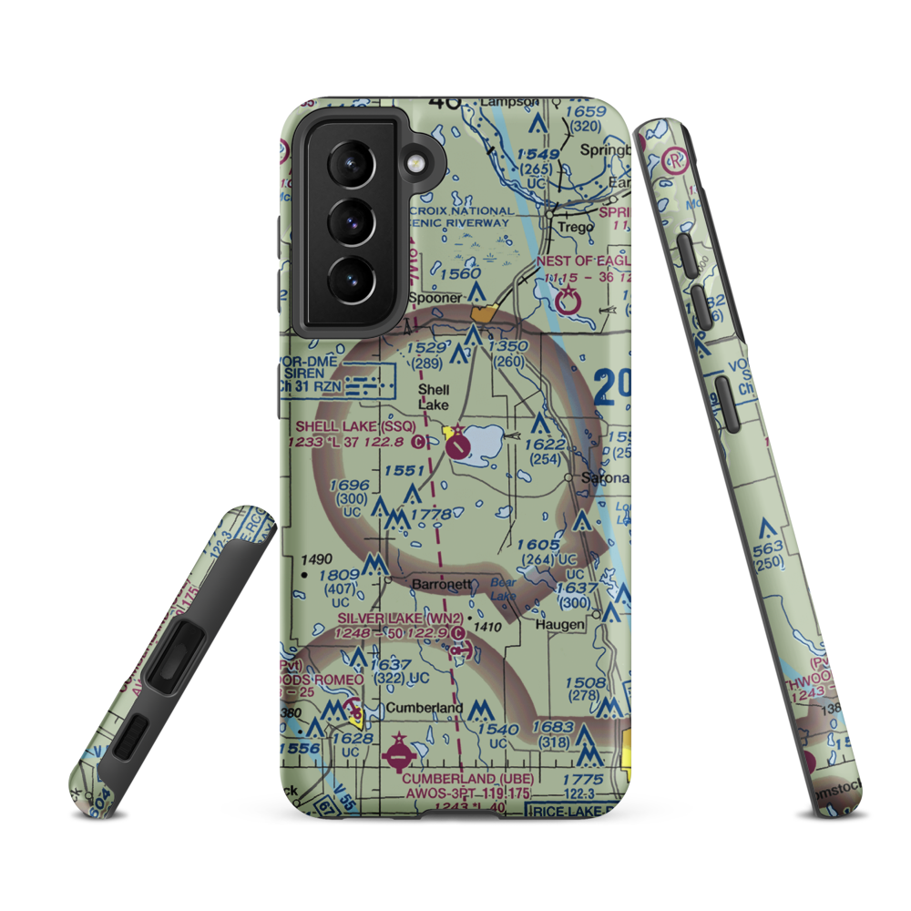 Shell Lake Municipal Airport (SSQ) VFR Sectional Samsung Phone Case Samsung Galaxy S21 FE model shown