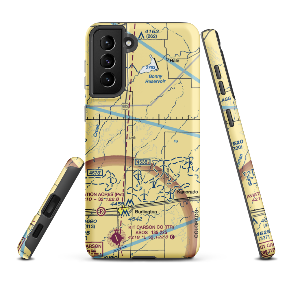 Silkman Farms Inc. Airport (10CO) VFR Sectional Samsung Phone Case Samsung Galaxy S21 FE model shown
