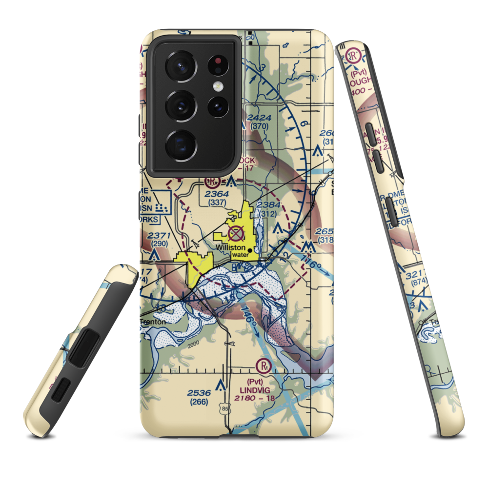 Sloulin Field International Airport (ISN) VFR Sectional Samsung Phone Case Samsung Galaxy S21 Plus model shown