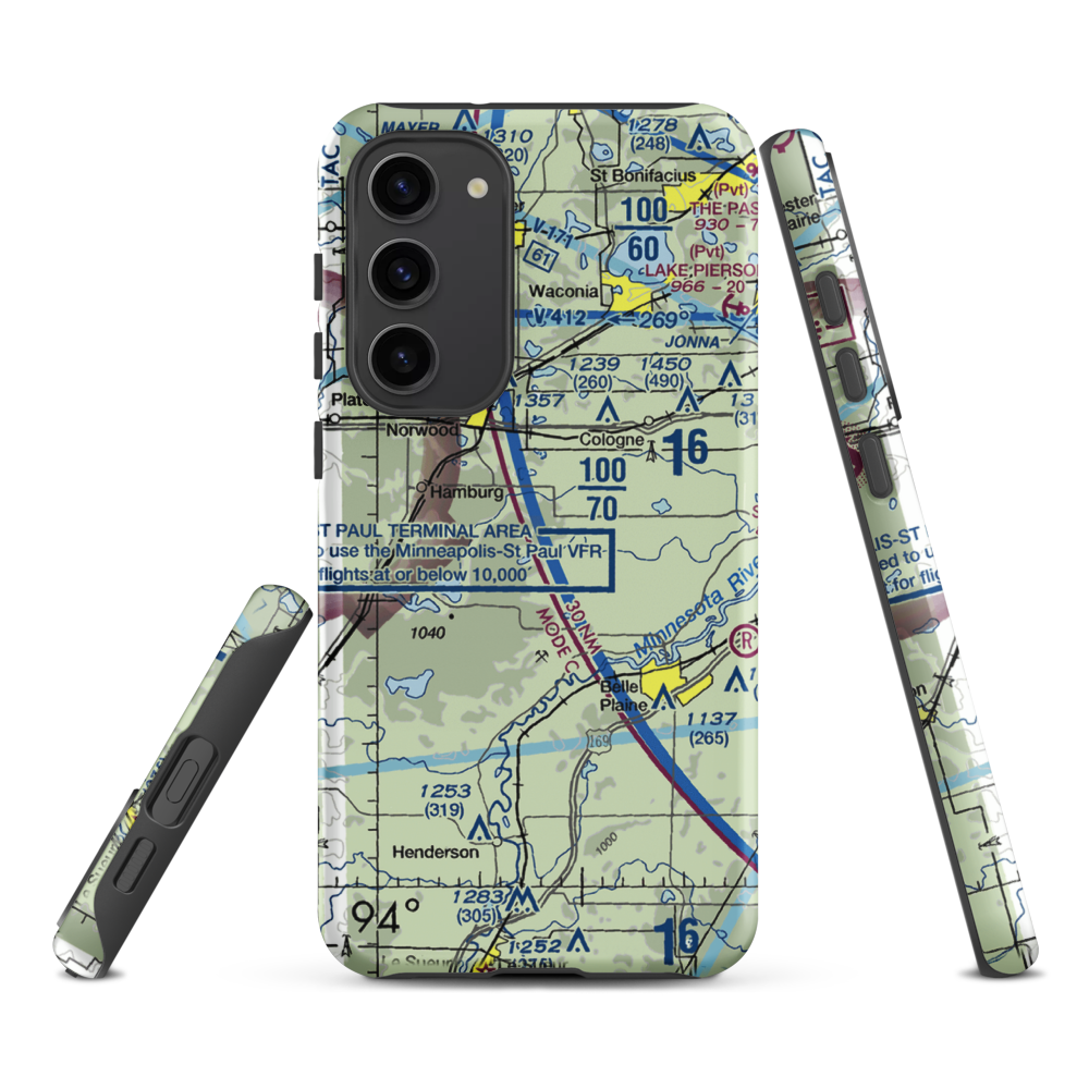 Sons Private-Commercial Airport (47MN) VFR Sectional Samsung Phone Case Samsung Galaxy S23 Plus model shown