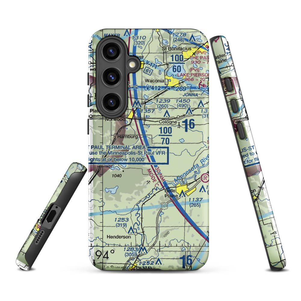 Sons Private-Commercial Airport (47MN) VFR Sectional Samsung Phone Case Samsung Galaxy S24 Plus model shown