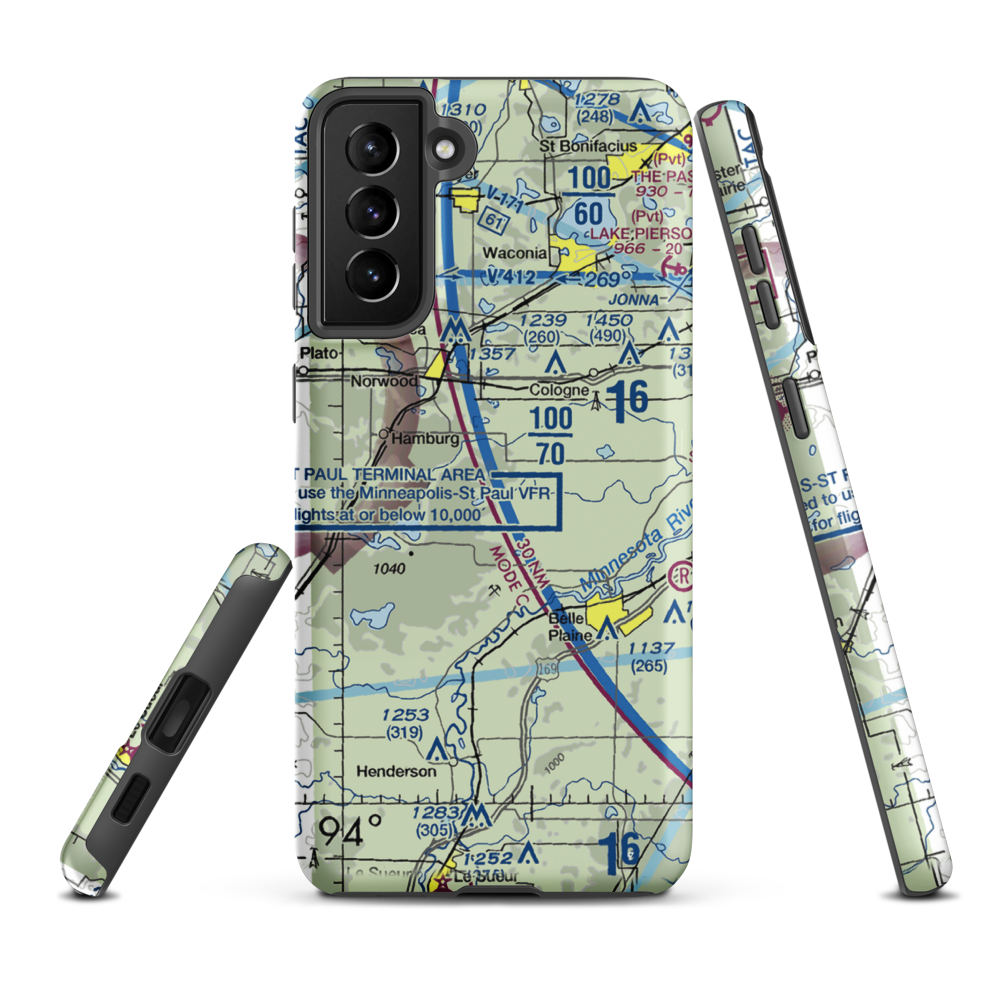 Sons Private-Commercial Airport (47MN) VFR Sectional Samsung Phone Case Samsung Galaxy S21 Plus model shown