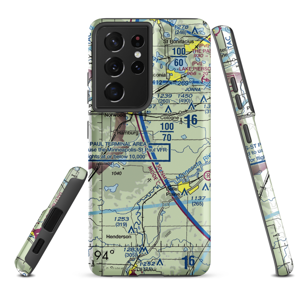 Sons Private-Commercial Airport (47MN) VFR Sectional Samsung Phone Case Samsung Galaxy S21 Plus model shown