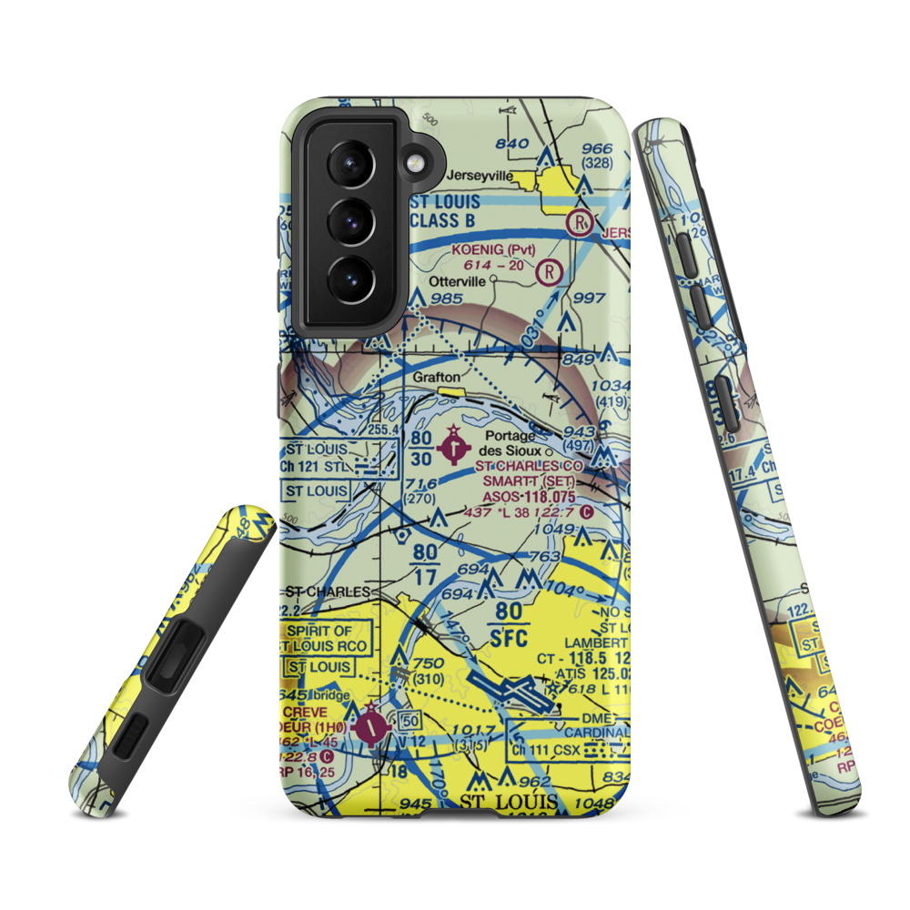 St Charles County Smartt Airport (SET) VFR Sectional Samsung Phone Case Samsung Galaxy S21 FE model shown