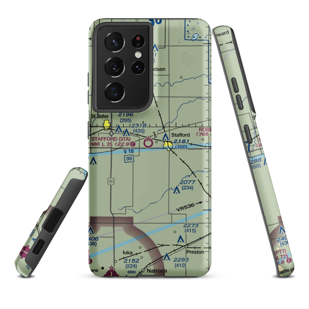 Stafford Municipal Airport (3TA) VFR Sectional Samsung Phone Case Samsung Galaxy S21 Plus model shown