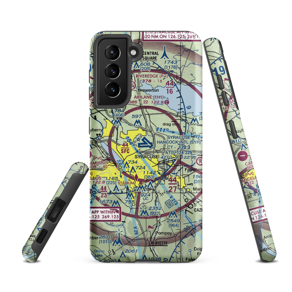 Syracuse Hancock International Airport (SYR) VFR Sectional Samsung Phone Case Samsung Galaxy S21 FE model shown