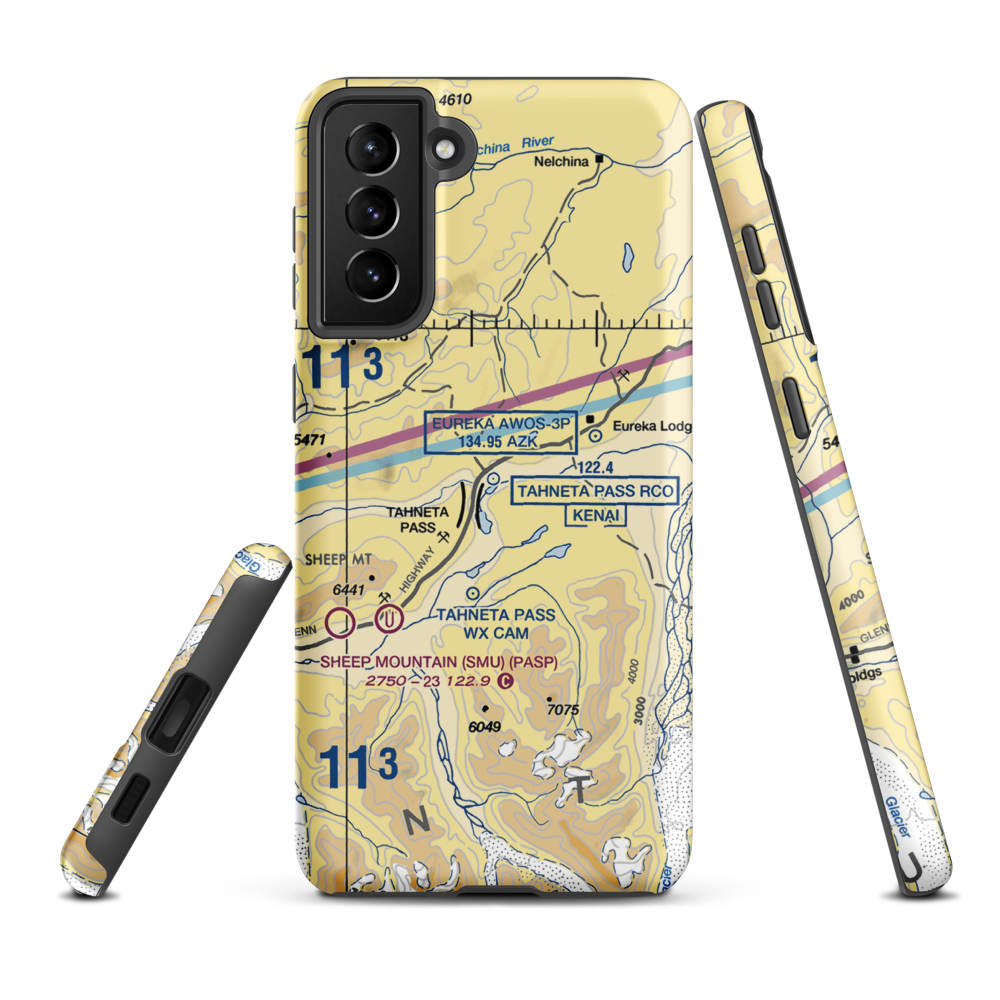 Tahneta Pass Airport (HNE) VFR Sectional Samsung Phone Case Samsung Galaxy S21 Plus model shown