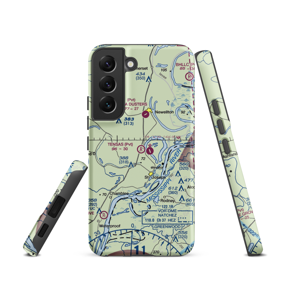 Tensas Flying Service Airport (LA53) VFR Sectional Samsung Phone Case Samsung Galaxy S22 model shown