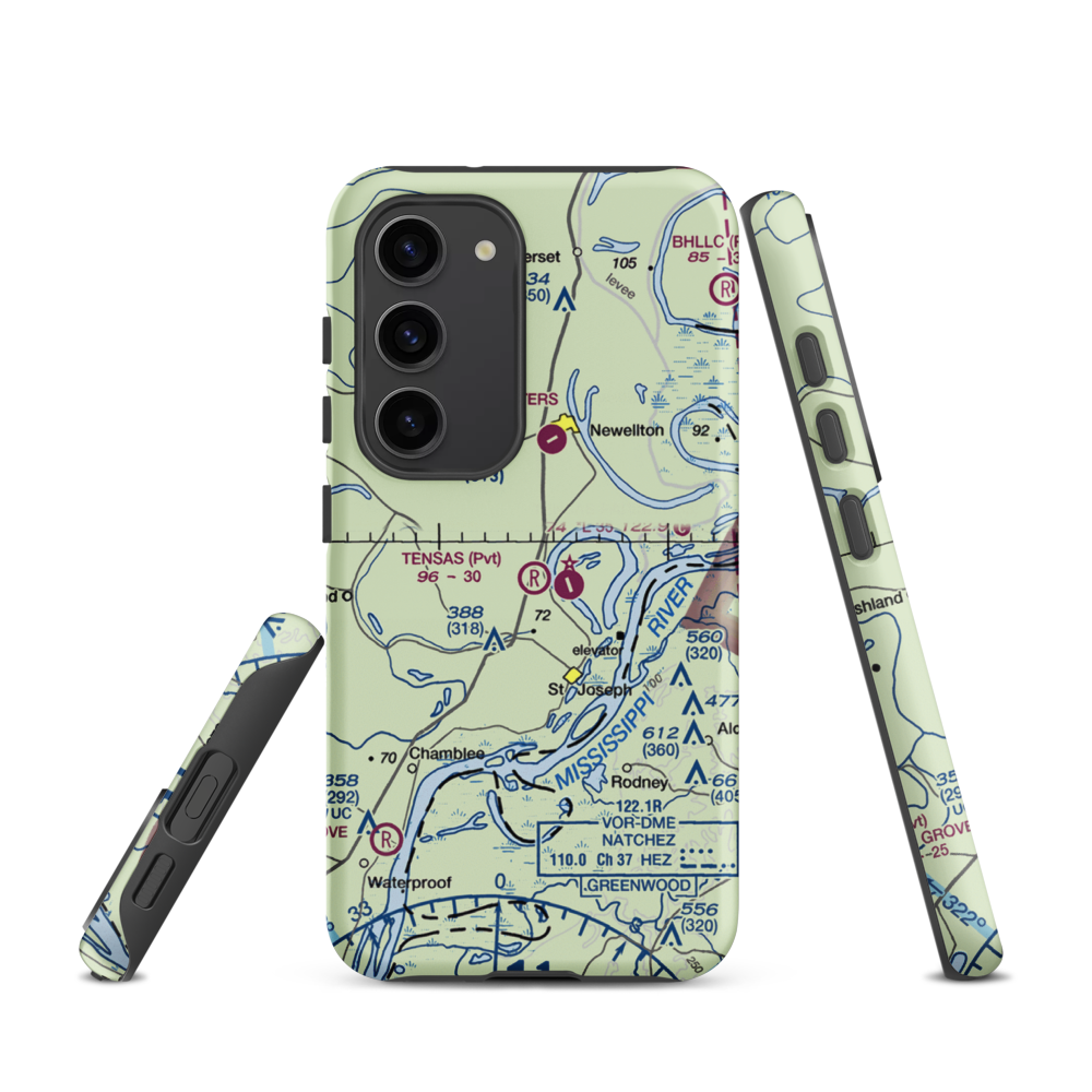 Tensas Flying Service Airport (LA53) VFR Sectional Samsung Phone Case Samsung Galaxy S23 model shown