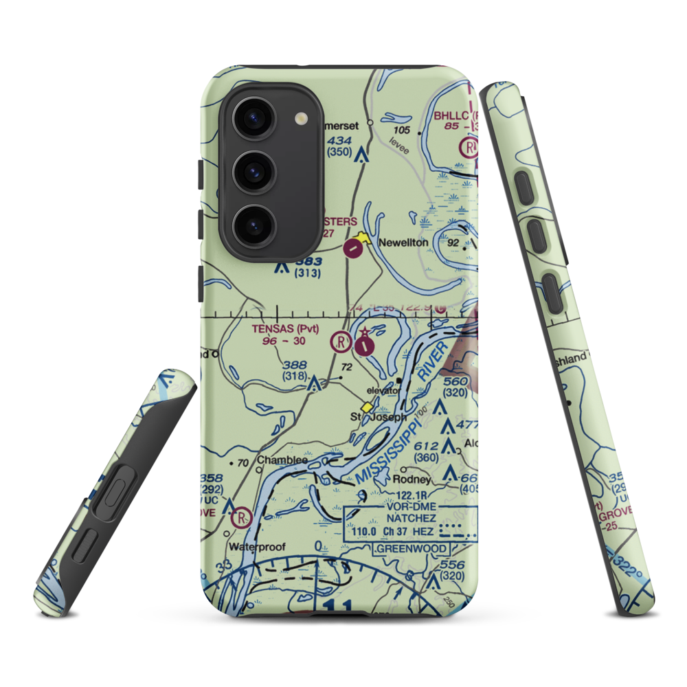 Tensas Flying Service Airport (LA53) VFR Sectional Samsung Phone Case Samsung Galaxy S23 Plus model shown