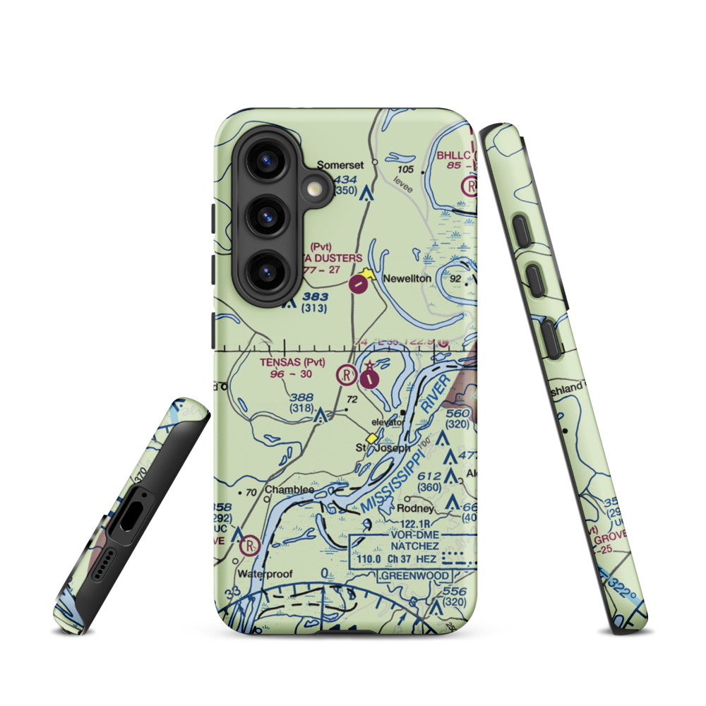 Tensas Flying Service Airport (LA53) VFR Sectional Samsung Phone Case Samsung Galaxy S24 model shown
