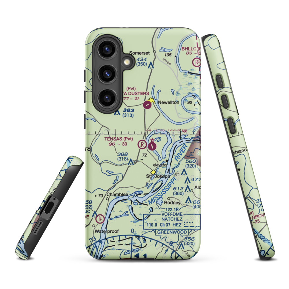 Tensas Flying Service Airport (LA53) VFR Sectional Samsung Phone Case Samsung Galaxy S24 Plus model shown