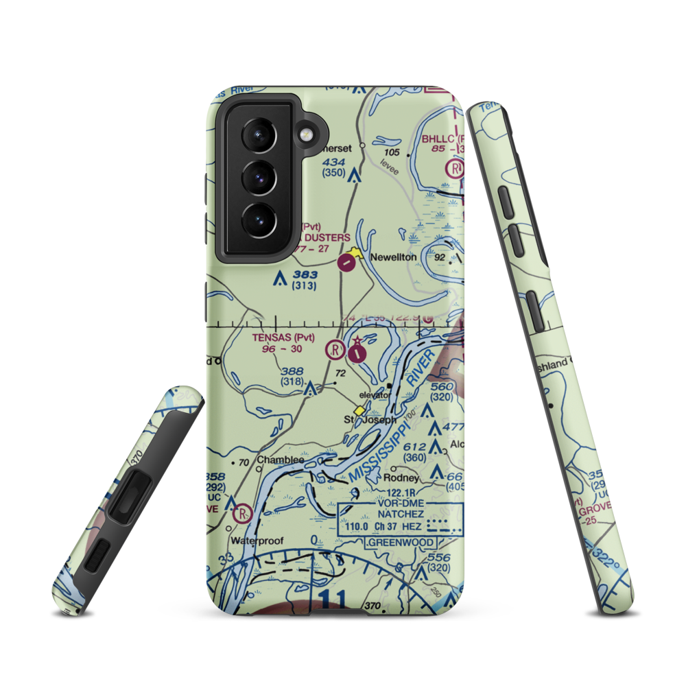 Tensas Flying Service Airport (LA53) VFR Sectional Samsung Phone Case Samsung Galaxy S21 model shown