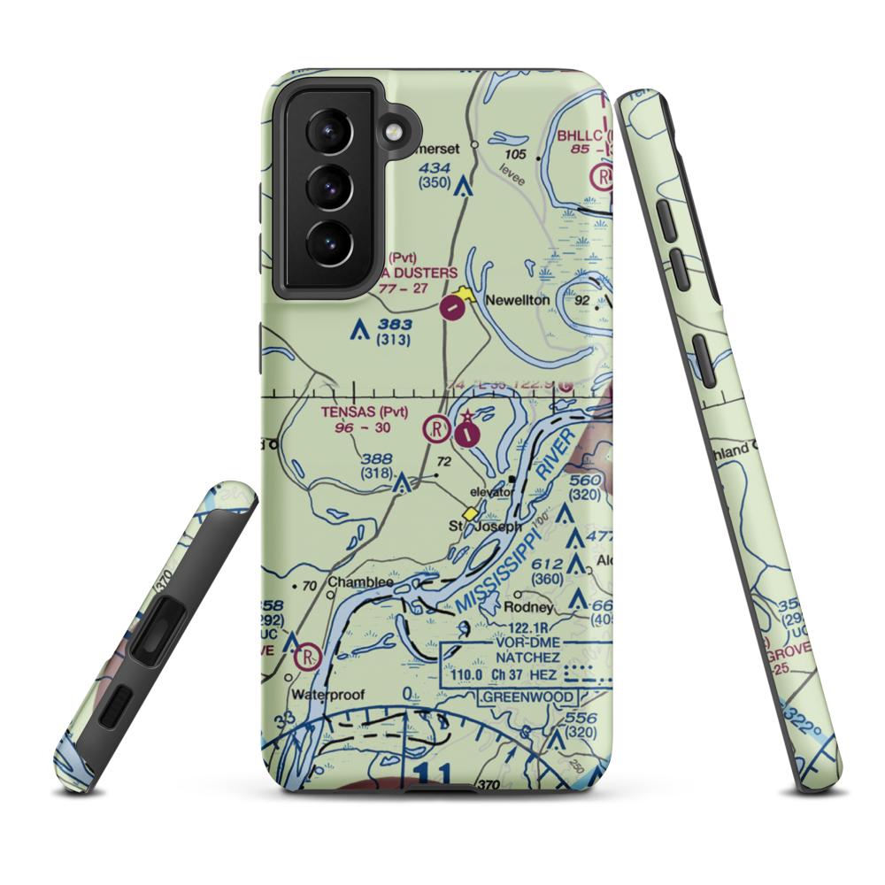 Tensas Flying Service Airport (LA53) VFR Sectional Samsung Phone Case Samsung Galaxy S21 Plus model shown