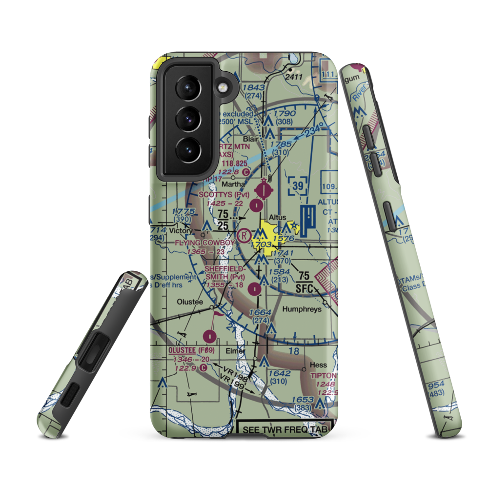 The Flying Cowboy Airport (91OK) VFR Sectional Samsung Phone Case Samsung Galaxy S21 FE model shown