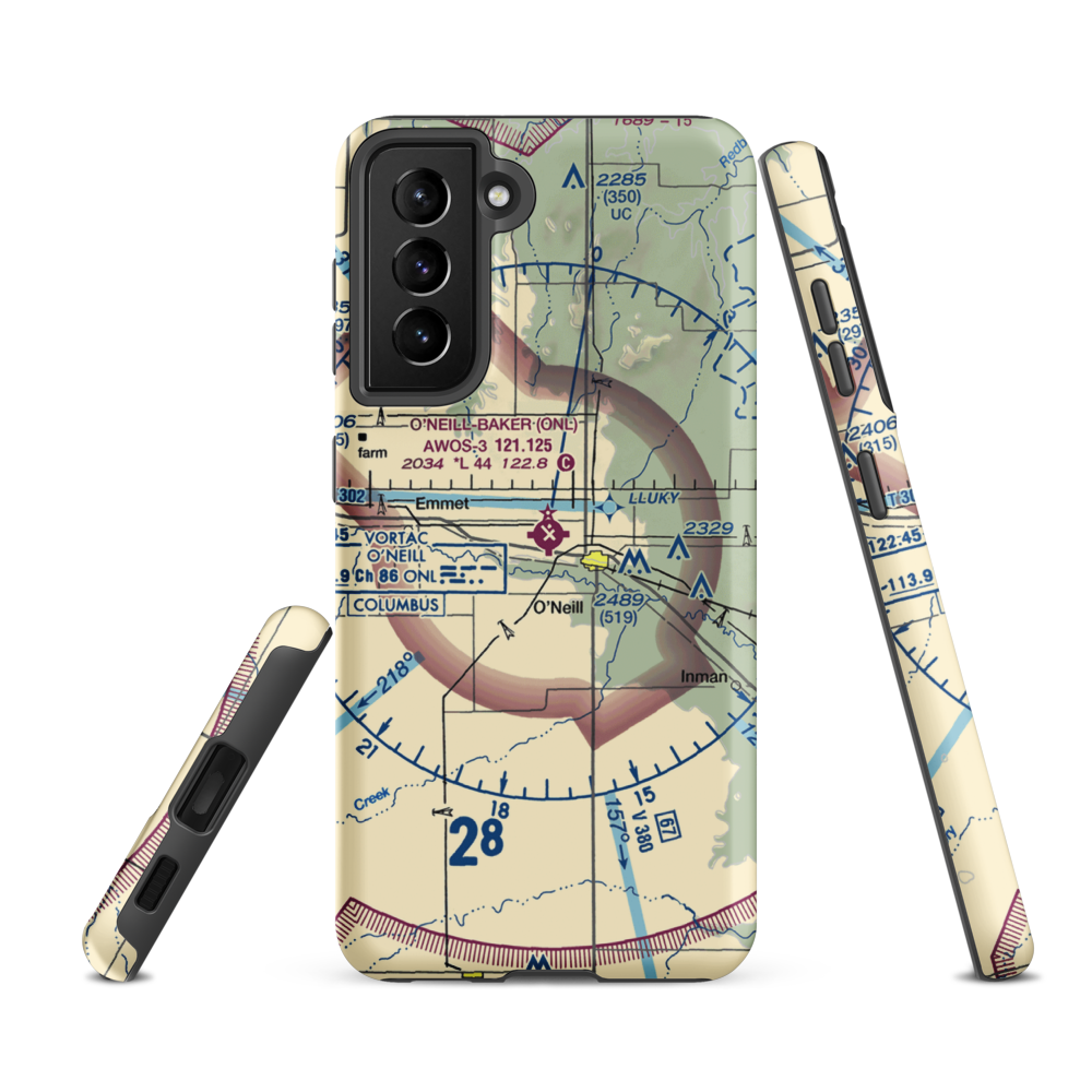 The O'Neill Municipal John L Baker Field (ONL) VFR Sectional Samsung Phone Case Samsung Galaxy S21 FE model shown
