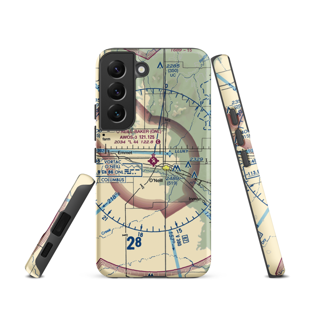 The O'Neill Municipal John L Baker Field (ONL) VFR Sectional Samsung Phone Case Samsung Galaxy S22 model shown