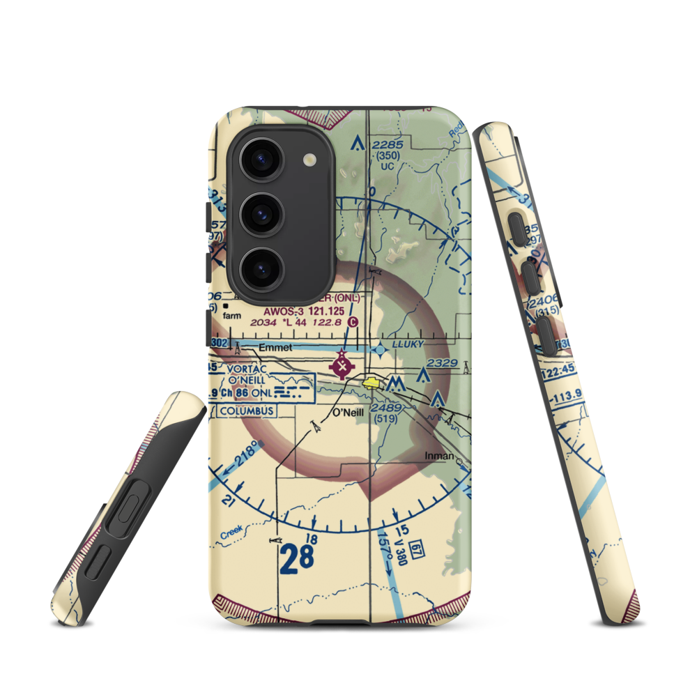 The O'Neill Municipal John L Baker Field (ONL) VFR Sectional Samsung Phone Case Samsung Galaxy S23 model shown