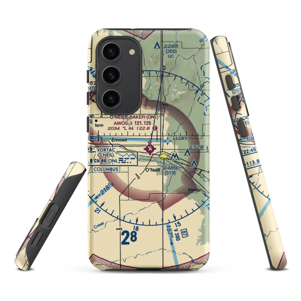 The O'Neill Municipal John L Baker Field (ONL) VFR Sectional Samsung Phone Case Samsung Galaxy S23 Plus model shown