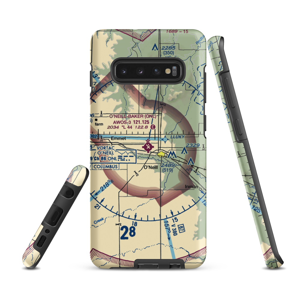 The O'Neill Municipal John L Baker Field (ONL) VFR Sectional Samsung Phone Case Samsung Galaxy S10 Plus model shown