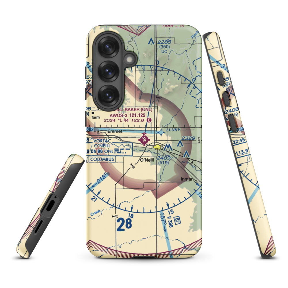 The O'Neill Municipal John L Baker Field (ONL) VFR Sectional Samsung Phone Case Samsung Galaxy S25 Plus model shown