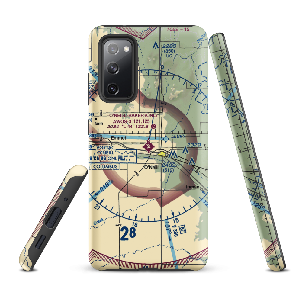 The O'Neill Municipal John L Baker Field (ONL) VFR Sectional Samsung Phone Case Samsung Galaxy S20 FE model shown