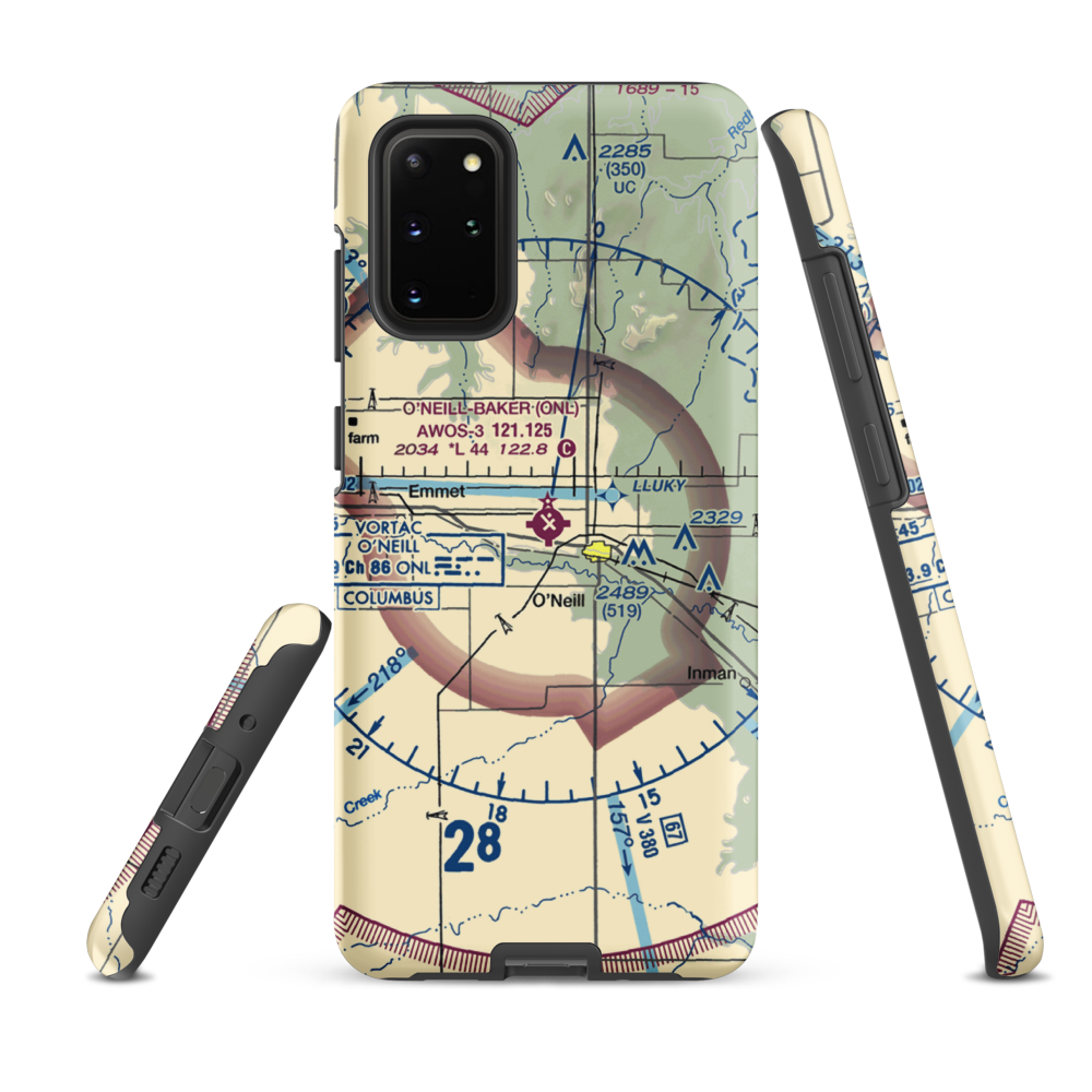 The O'Neill Municipal John L Baker Field (ONL) VFR Sectional Samsung Phone Case Samsung Galaxy S20 Plus model shown