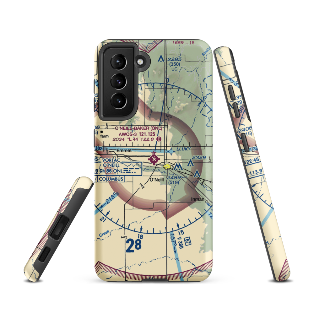 The O'Neill Municipal John L Baker Field (ONL) VFR Sectional Samsung Phone Case Samsung Galaxy S21 model shown