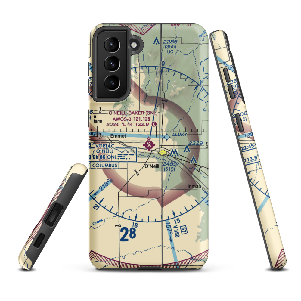 The O'Neill Municipal John L Baker Field (ONL) VFR Sectional Samsung Phone Case Samsung Galaxy S21 Plus model shown