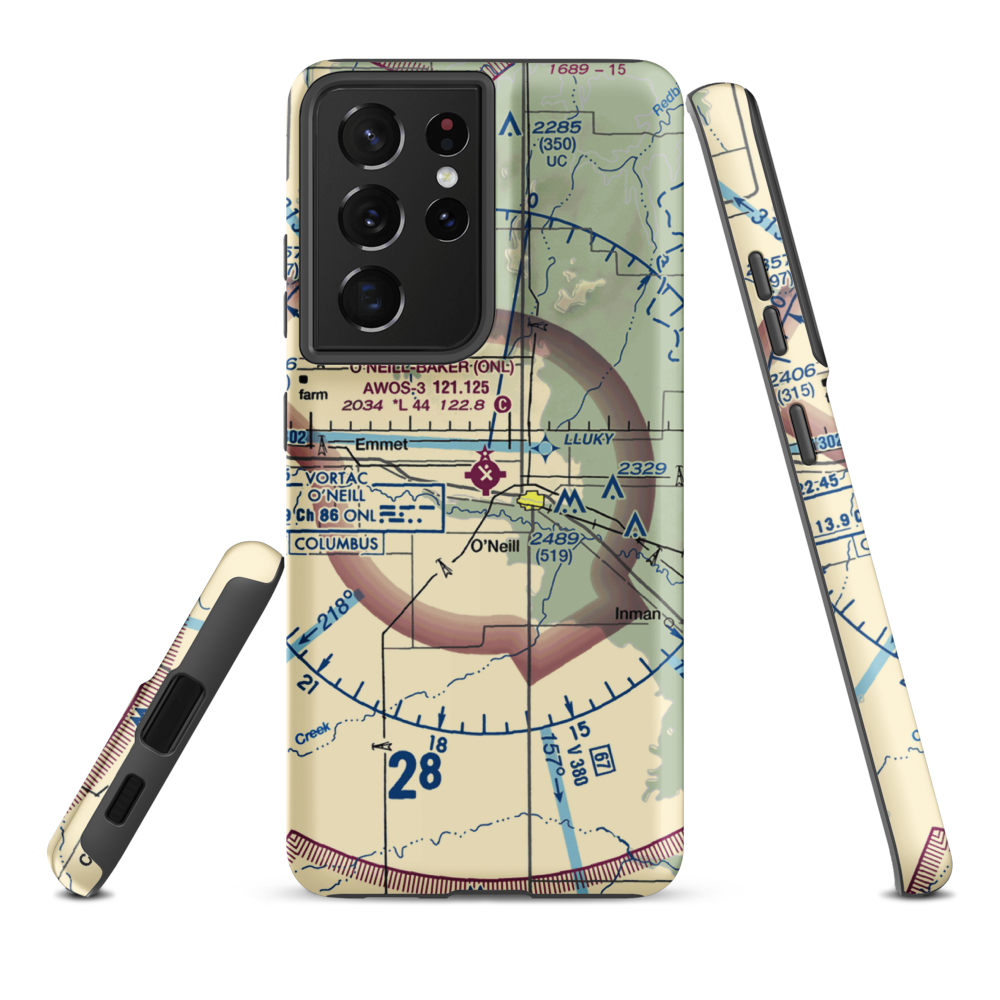 The O'Neill Municipal John L Baker Field (ONL) VFR Sectional Samsung Phone Case Samsung Galaxy S21 Plus model shown