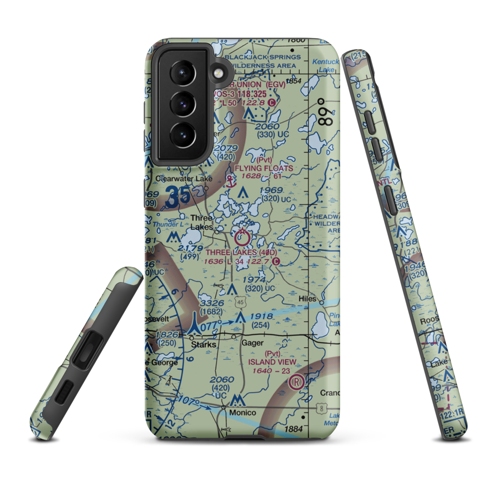 Three Lakes Municipal Airport (40D) VFR Sectional Samsung Phone Case Samsung Galaxy S21 Plus model shown