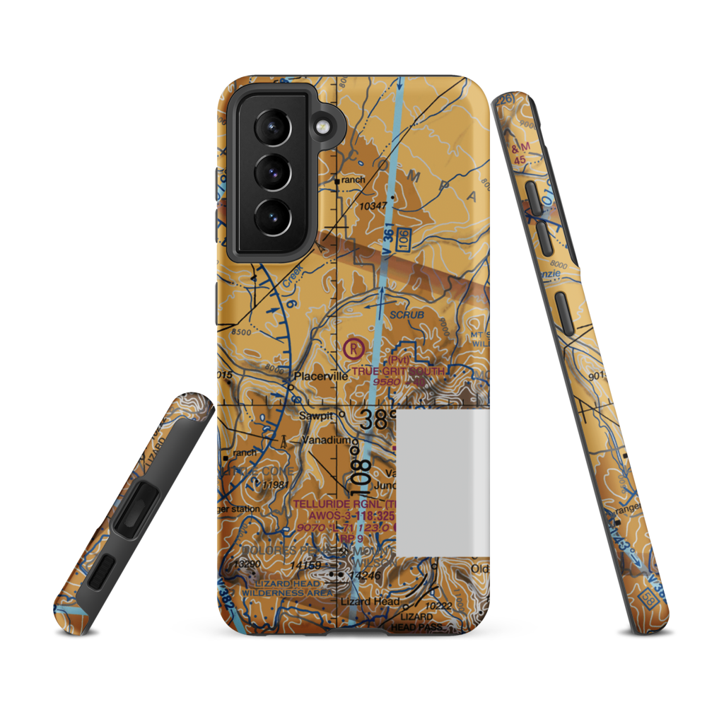 True Grit South Airport (CO95) VFR Sectional Samsung Phone Case Samsung Galaxy S21 FE model shown