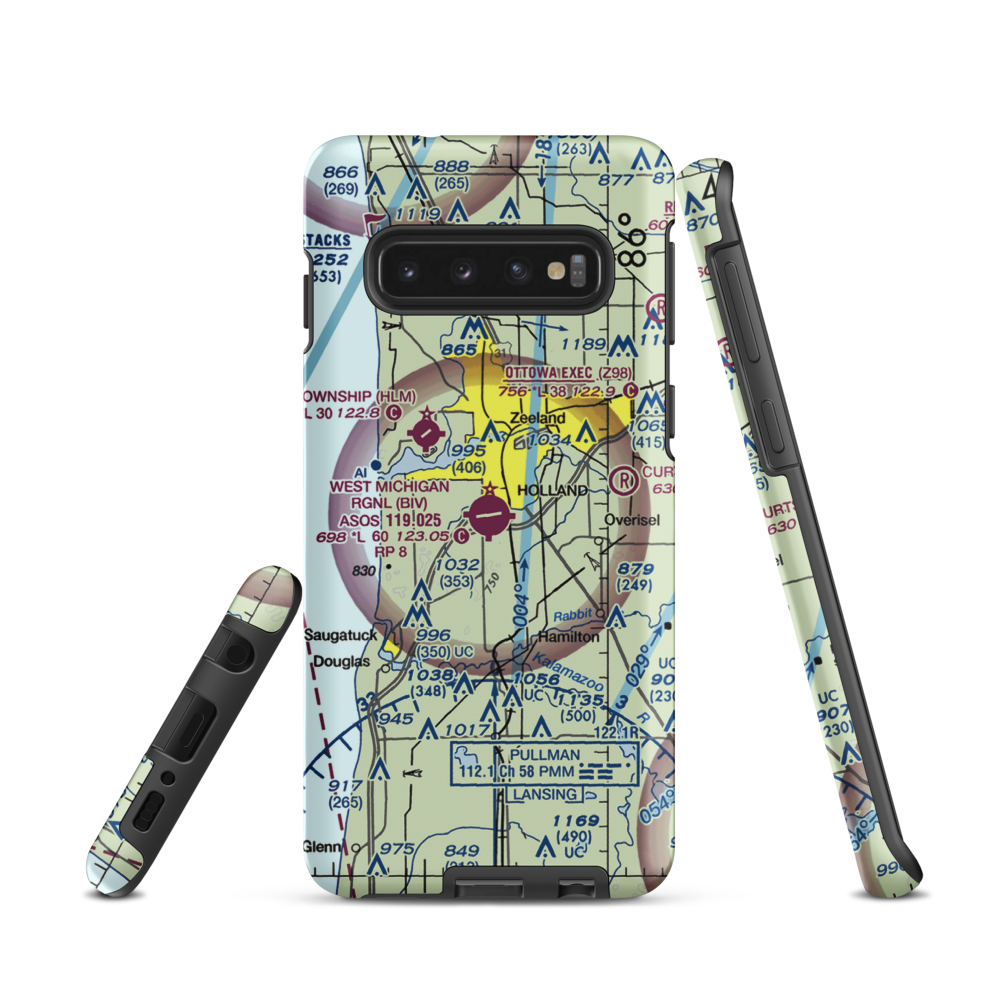 Tulip City Airport (BIV) VFR Sectional Samsung Phone Case Samsung Galaxy S10 model shown