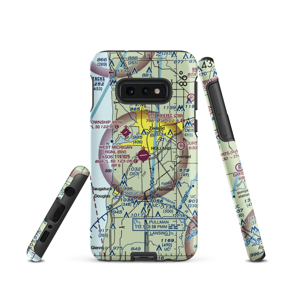 Tulip City Airport (BIV) VFR Sectional Samsung Phone Case Samsung Galaxy S10 Plus model shown
