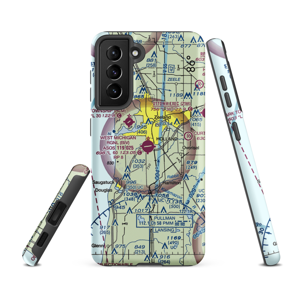 Tulip City Airport (BIV) VFR Sectional Samsung Phone Case Samsung Galaxy S21 FE model shown