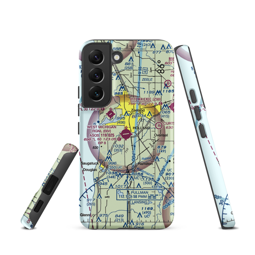 Tulip City Airport (BIV) VFR Sectional Samsung Phone Case Samsung Galaxy S22 model shown