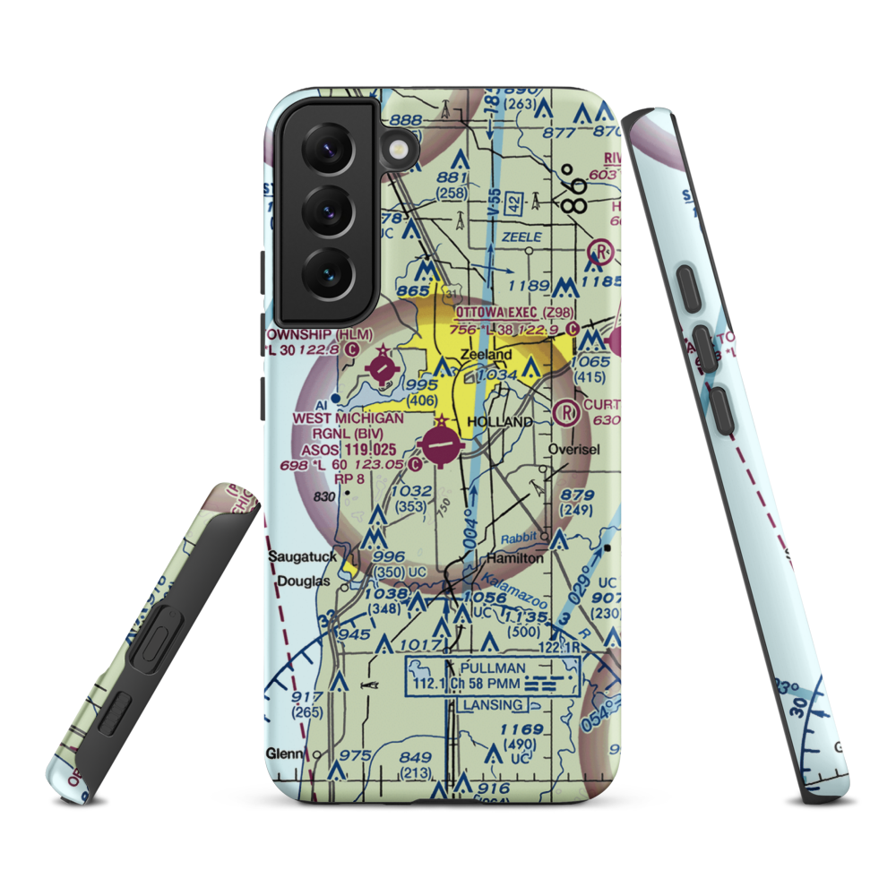Tulip City Airport (BIV) VFR Sectional Samsung Phone Case Samsung Galaxy S22 Plus model shown