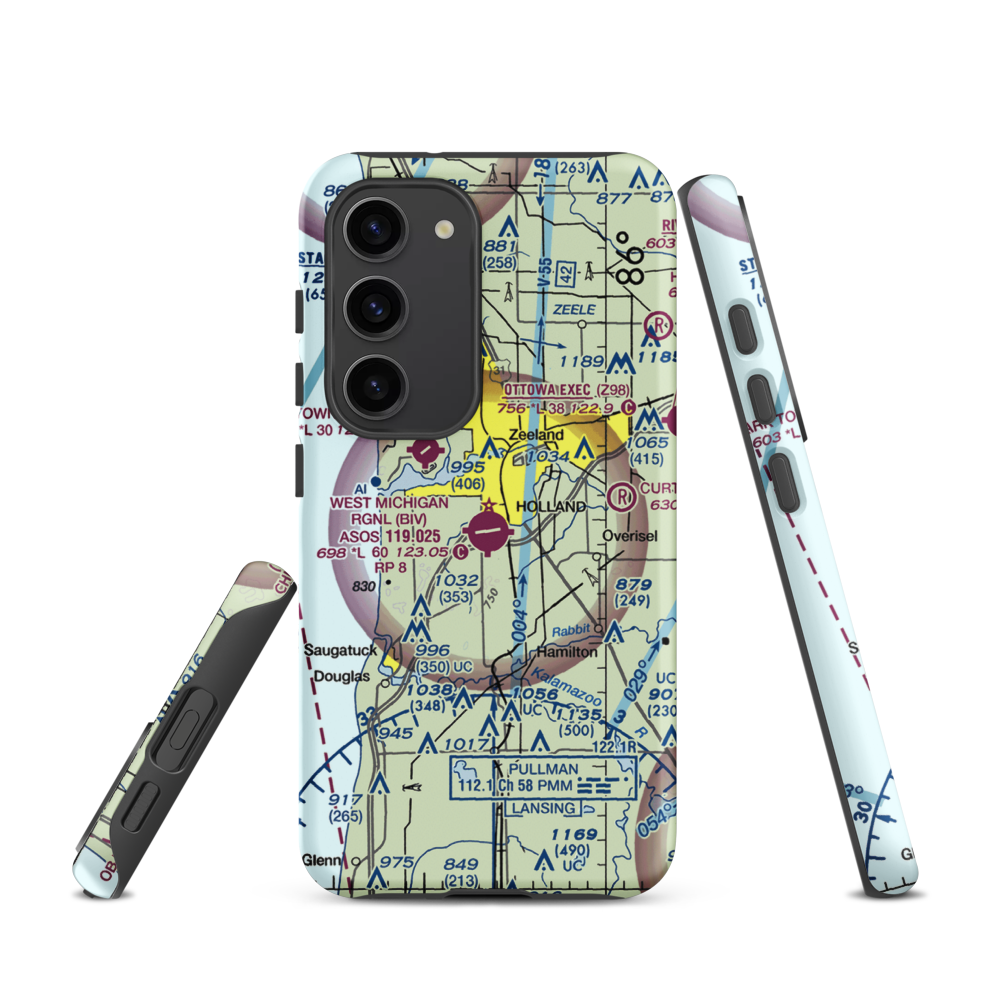 Tulip City Airport (BIV) VFR Sectional Samsung Phone Case Samsung Galaxy S23 model shown