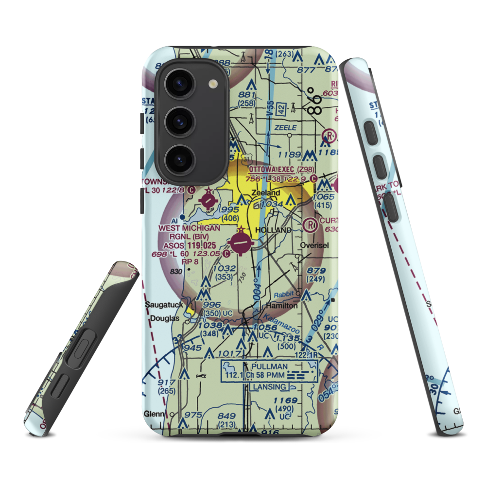 Tulip City Airport (BIV) VFR Sectional Samsung Phone Case Samsung Galaxy S23 Plus model shown