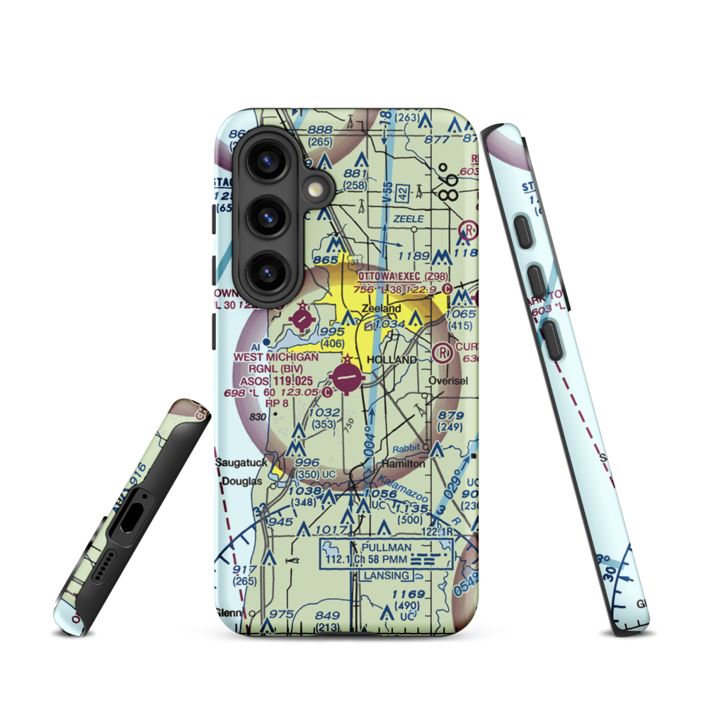 Tulip City Airport (BIV) VFR Sectional Samsung Phone Case Samsung Galaxy S24 model shown