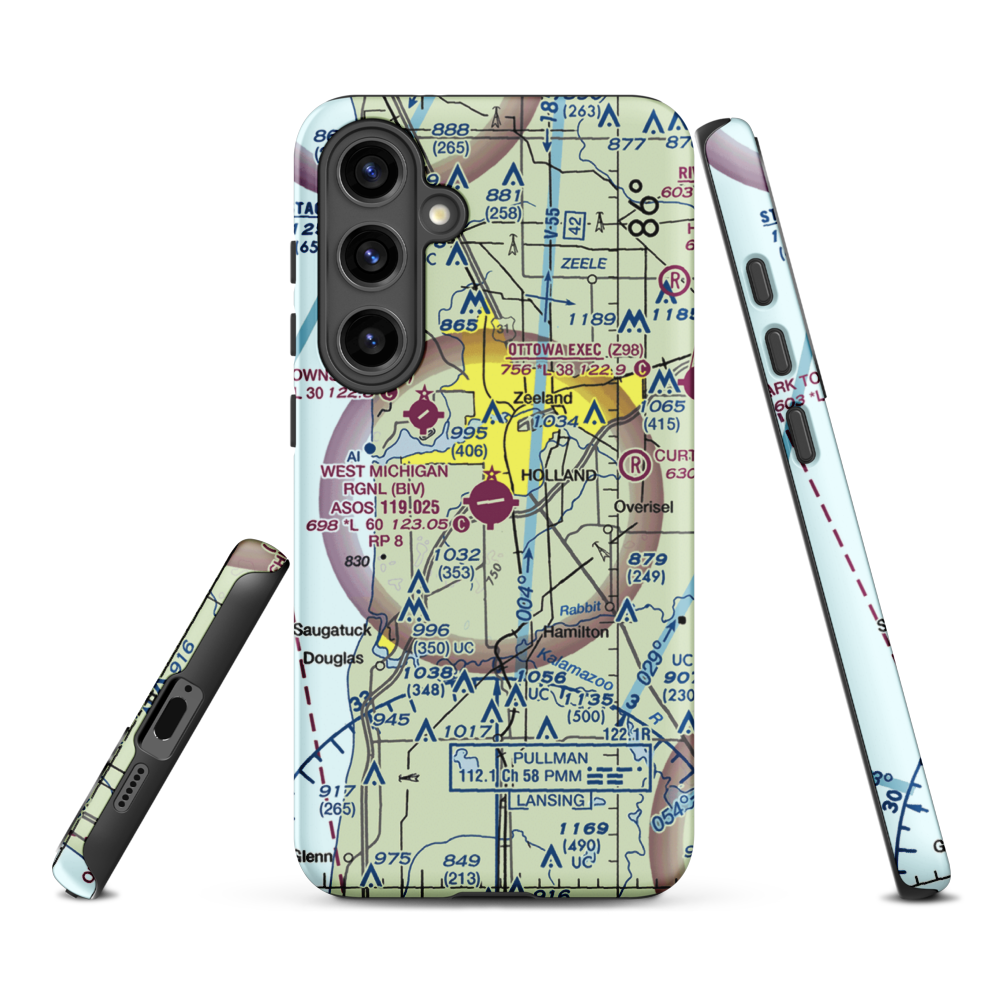 Tulip City Airport (BIV) VFR Sectional Samsung Phone Case Samsung Galaxy S24 Plus model shown