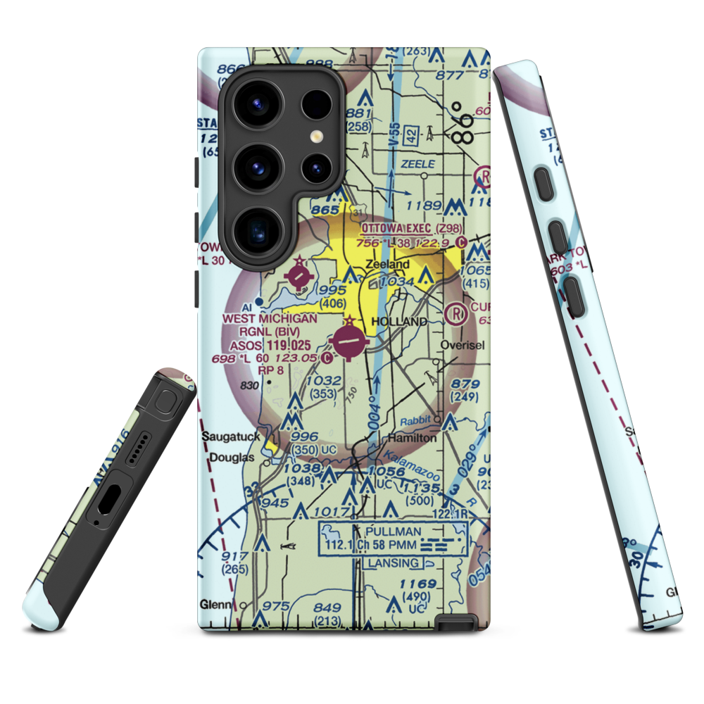 Tulip City Airport (BIV) VFR Sectional Samsung Phone Case Samsung Galaxy S24 Ultra model shown