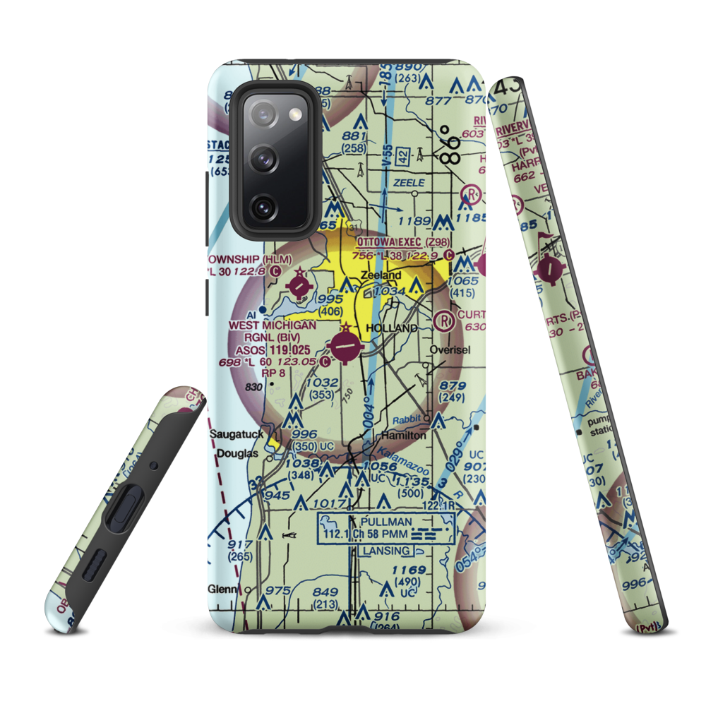 Tulip City Airport (BIV) VFR Sectional Samsung Phone Case Samsung Galaxy S20 FE model shown