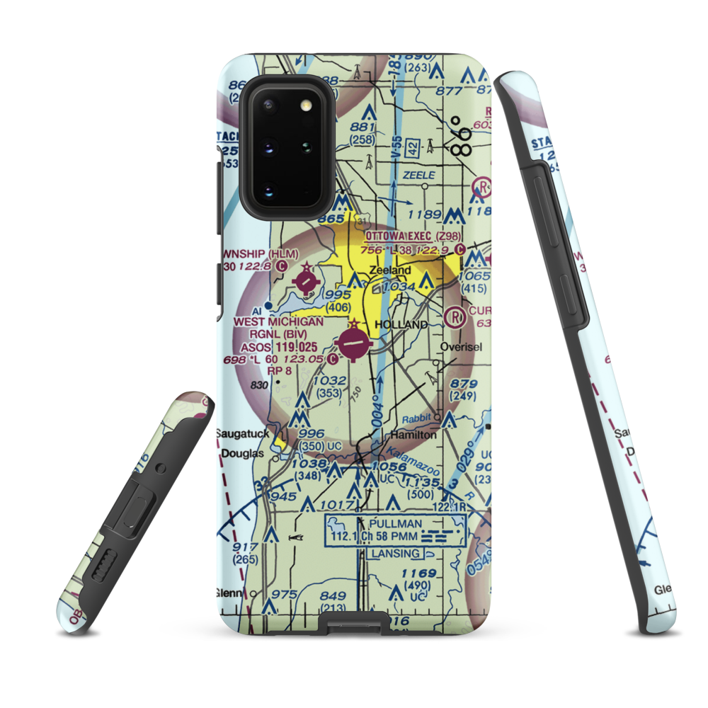 Tulip City Airport (BIV) VFR Sectional Samsung Phone Case Samsung Galaxy S20 Plus model shown