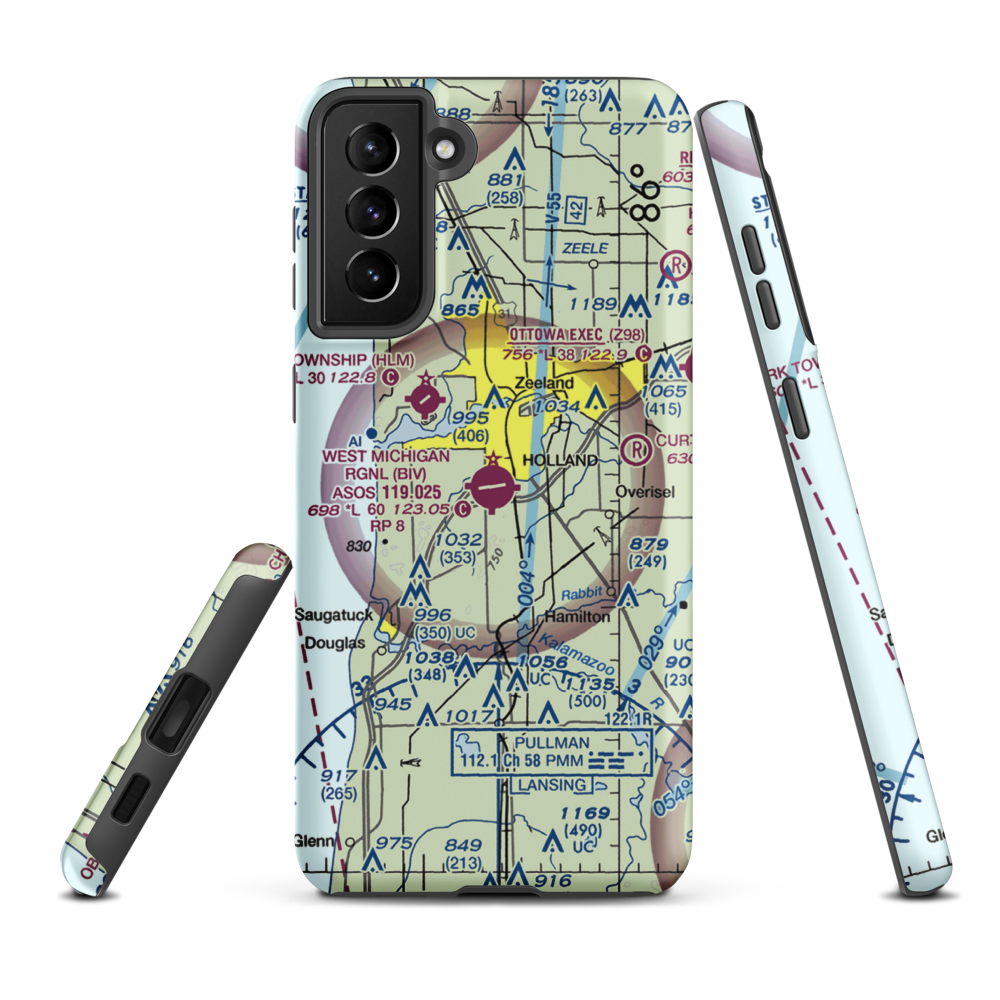 Tulip City Airport (BIV) VFR Sectional Samsung Phone Case Samsung Galaxy S21 Plus model shown