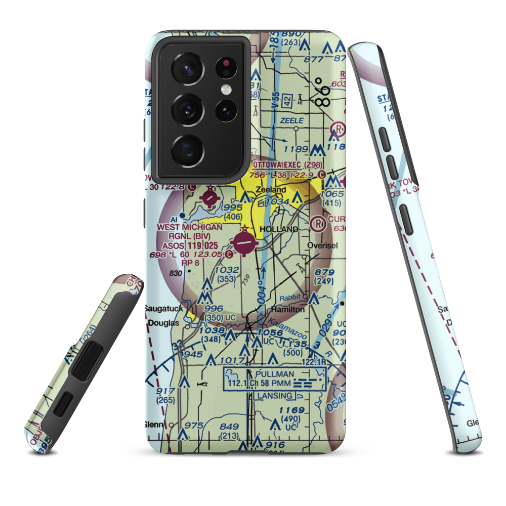 Tulip City Airport (BIV) VFR Sectional Samsung Phone Case Samsung Galaxy S21 Ultra model shown