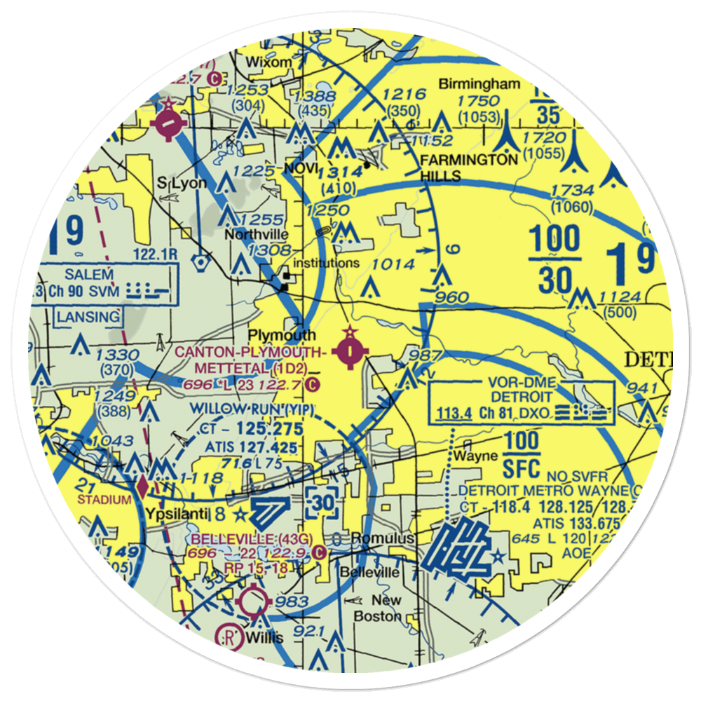 Canton-Plymouth-Mettetal Airport (1D2) VFR Sectional Sticker (30 mile) 
