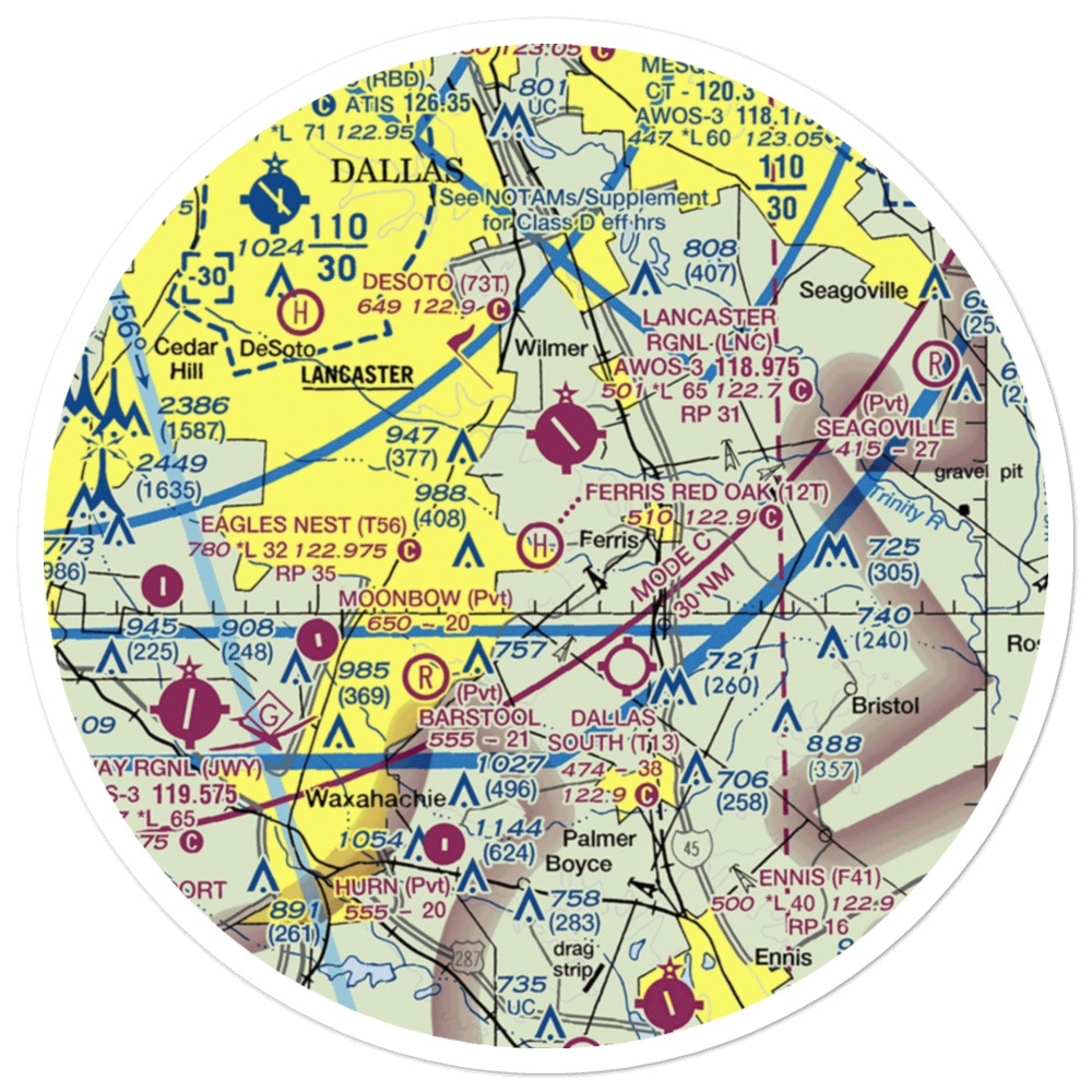 Ferris Red Oak Municipal Heliport (12T) VFR Sectional Sticker (30 mile) 