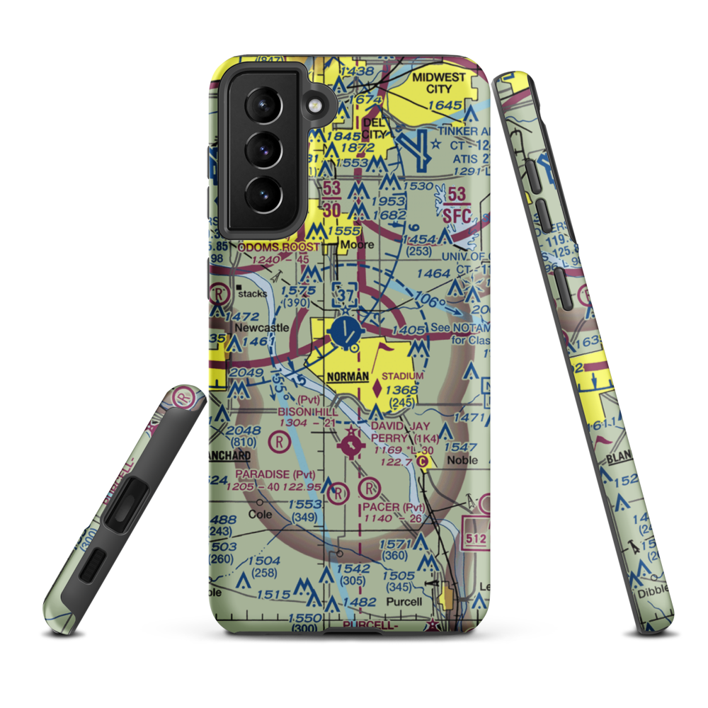 University of Oklahoma Westheimer Airport (OUN) VFR Sectional Samsung Phone Case Samsung Galaxy S21 Plus model shown